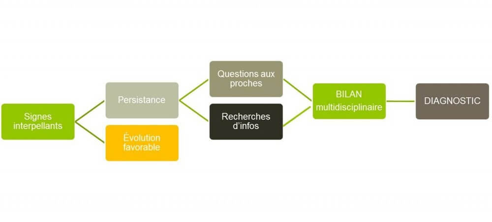 Schéma du parcours vers le diagnostic : des signes interpellants qui persistent, aux questions aux proches et recherches d'informations, jusqu'au bilan multidisciplinaire qui aboutit au diagnostic.